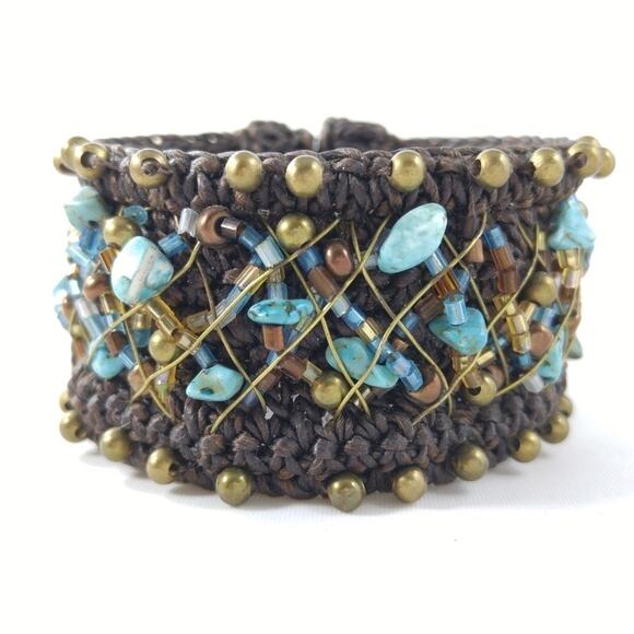 Wide Cuff Brown Bracelet Blue Gemstones & Seed Beads - Picture 8 of 8